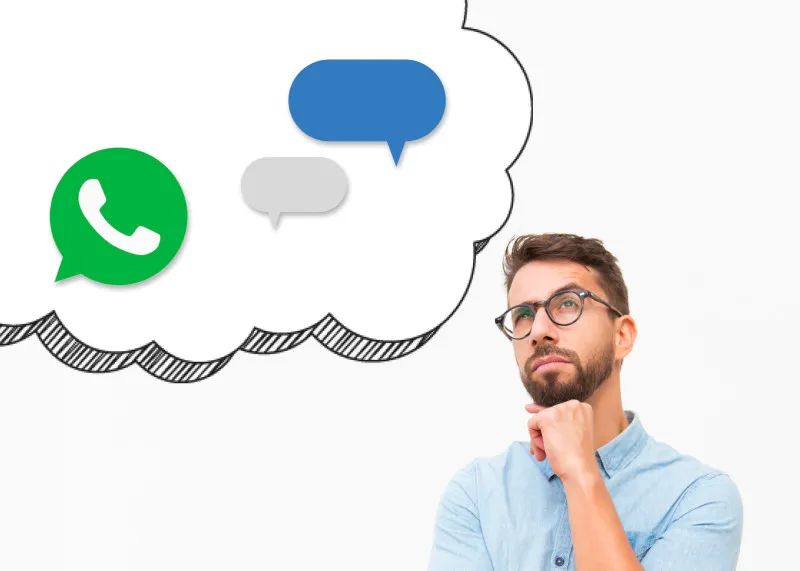 a man thinking with a cloud with a sms logo and whats app logo