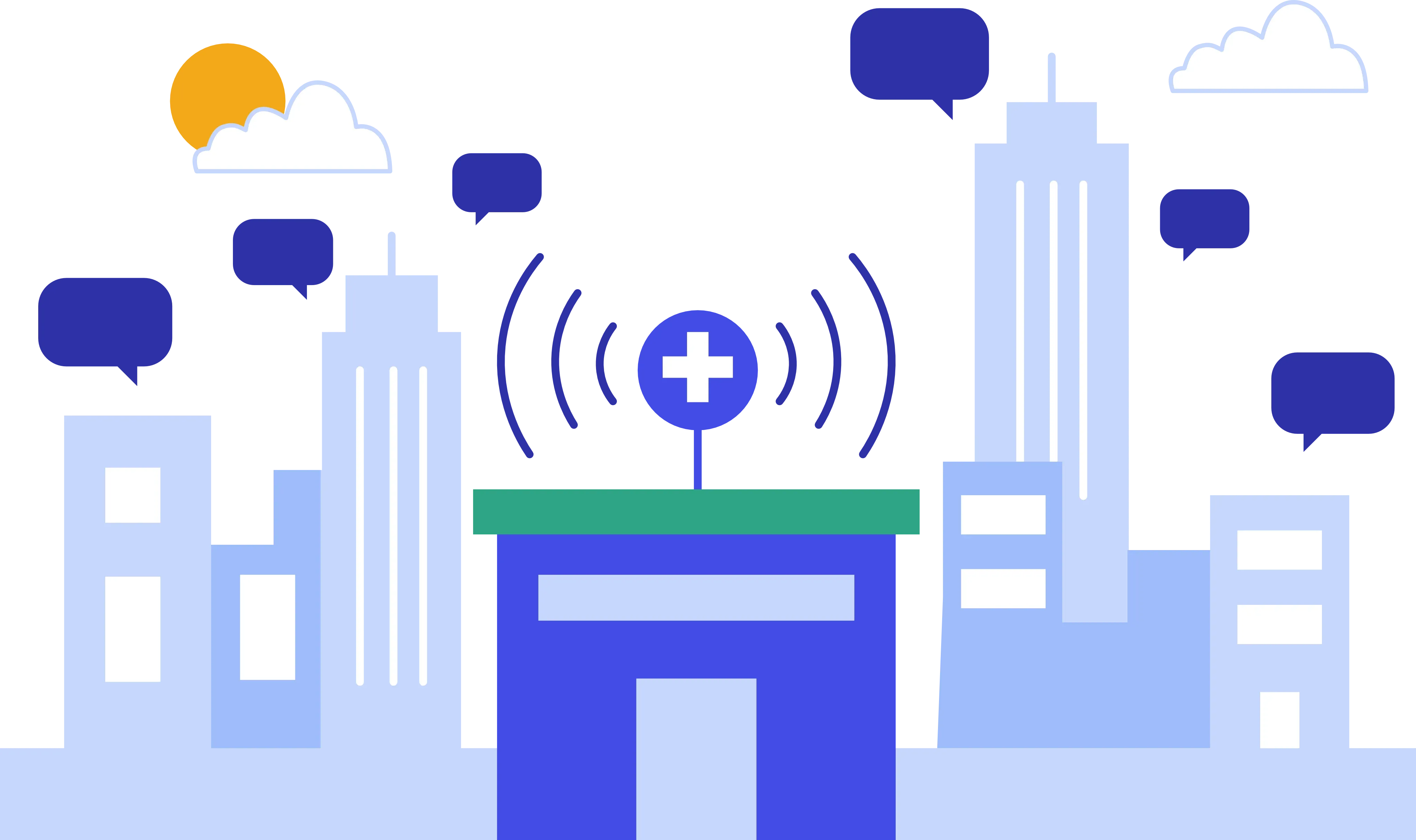Urban scene with buildings displaying Wi-Fi icons and speech bubbles, representing digital communication and connectivity.