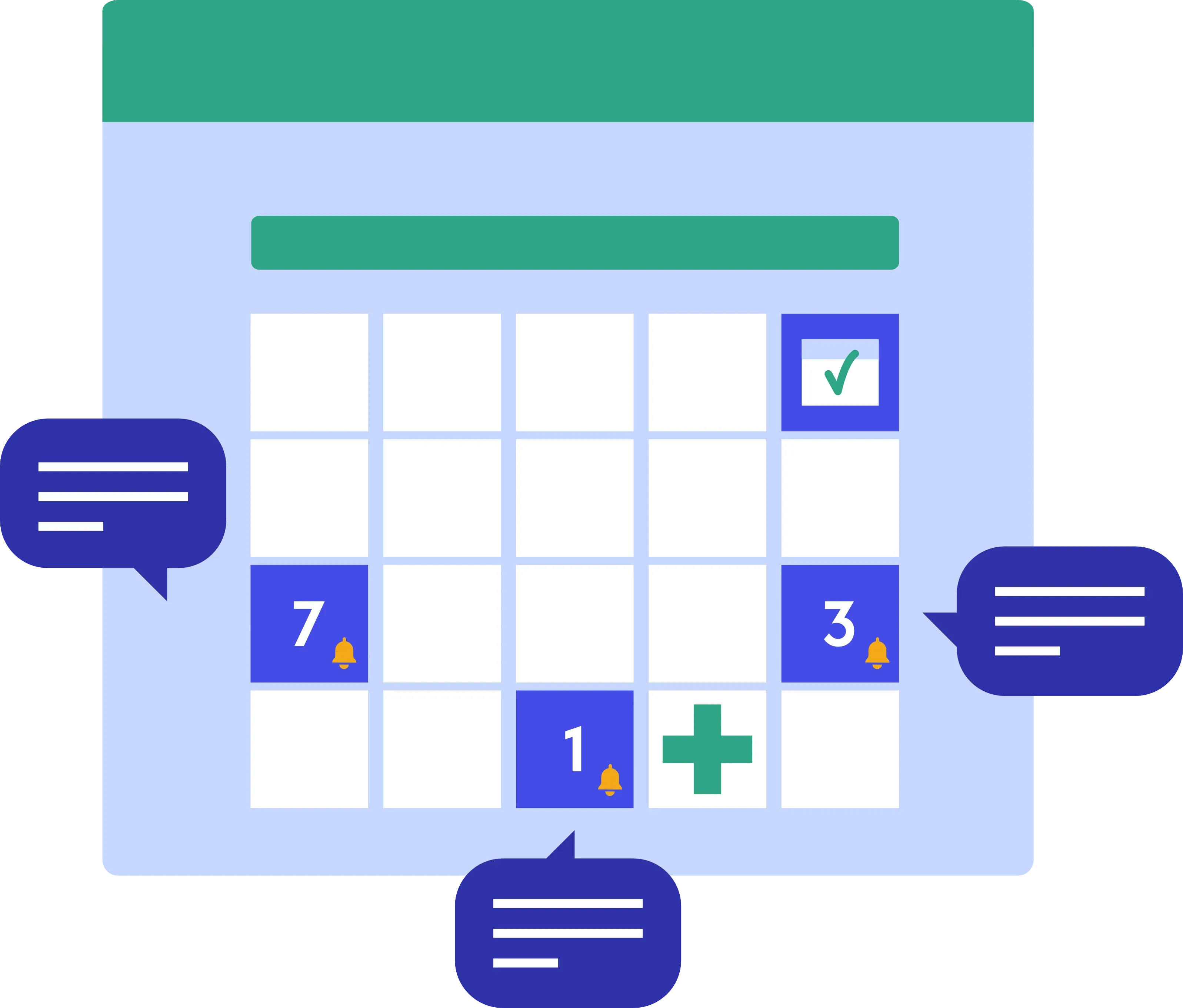A calendar featuring colorful chat bubbles, symbolizing communication and scheduling discussions.
