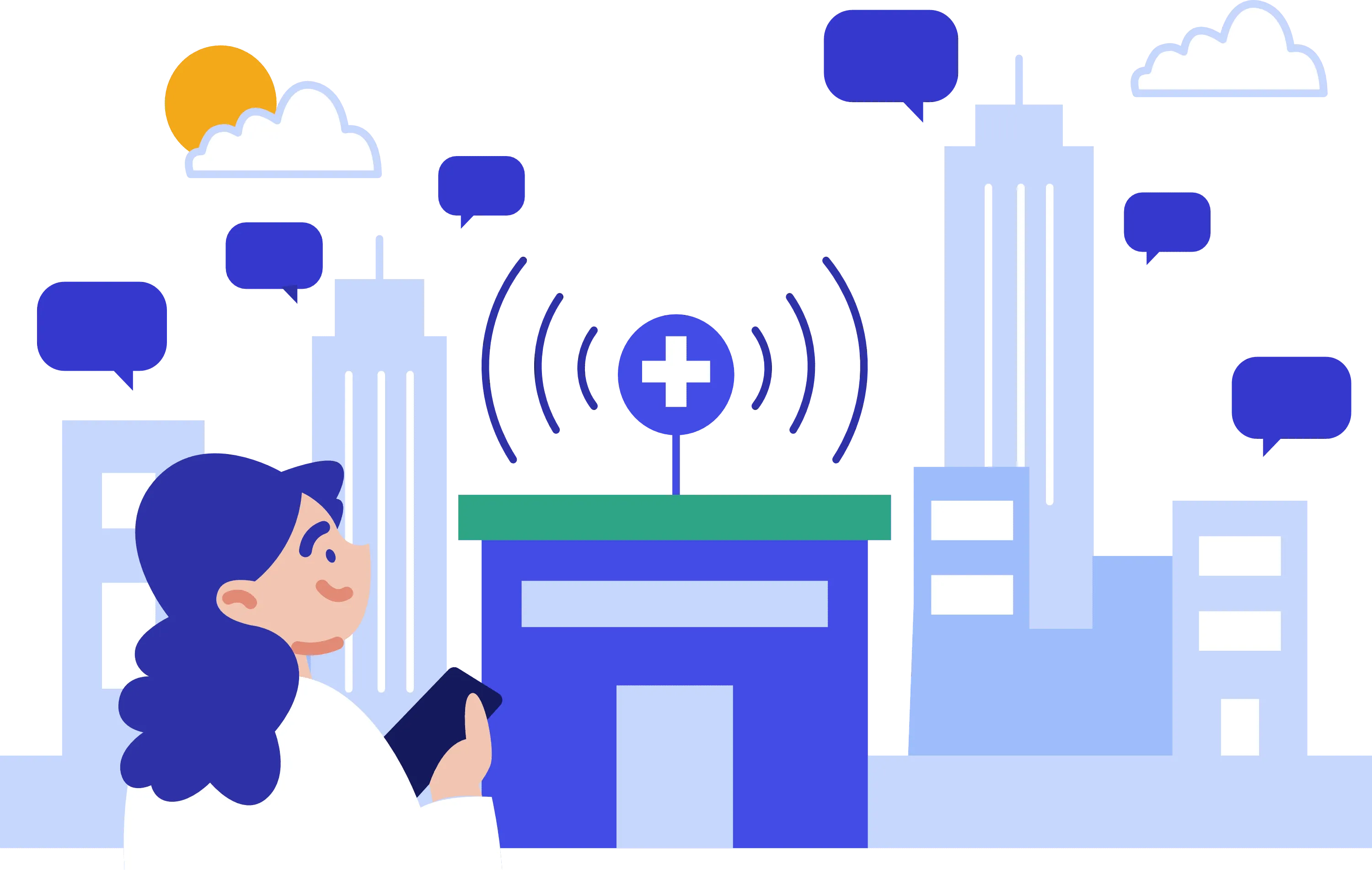 A woman checks her phone for health updates, with speech balloons depicting a city and a hospital in the background.
