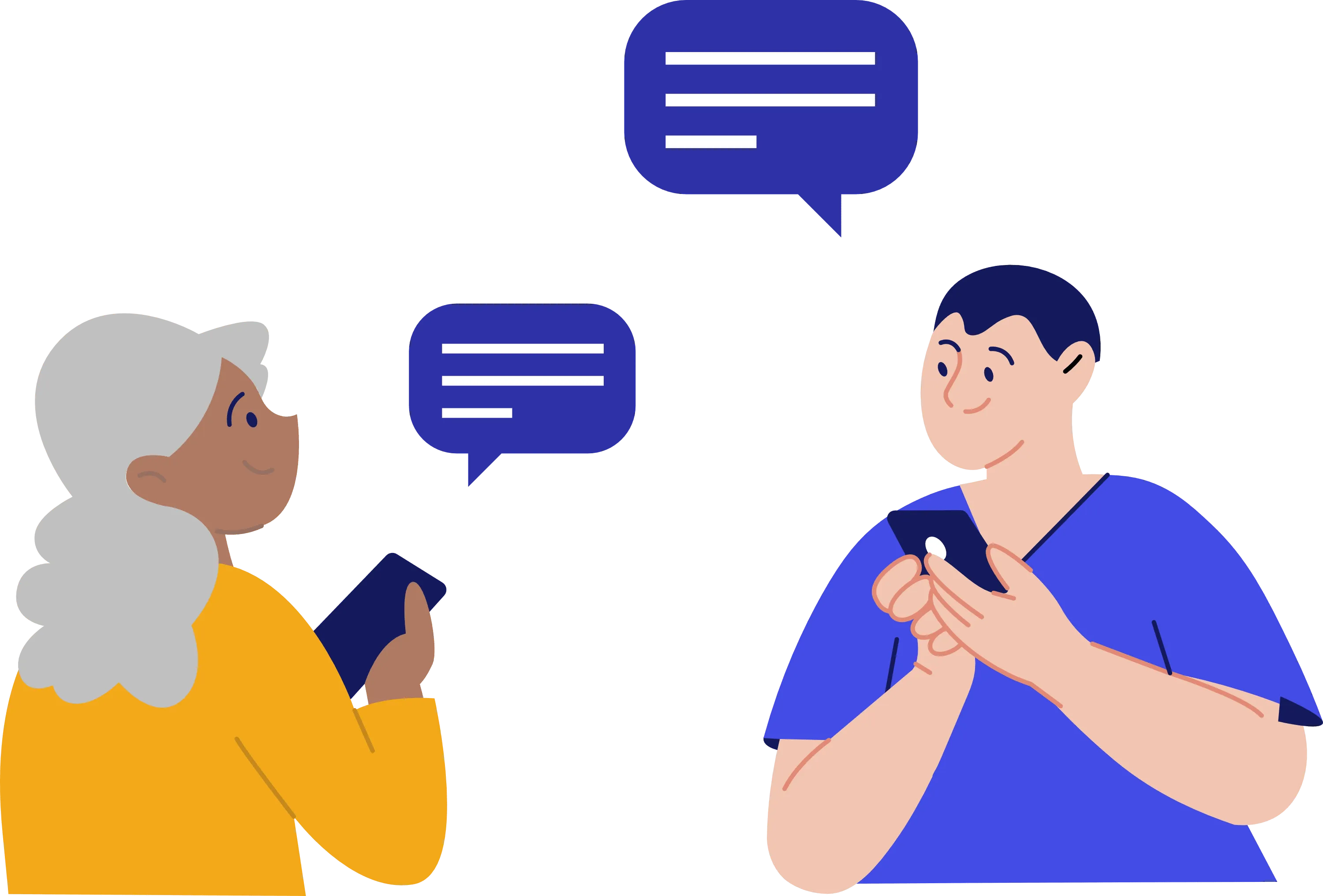 Two people conversing on their phones, featuring speech bubbles that represent their exchange of words via text messaging.