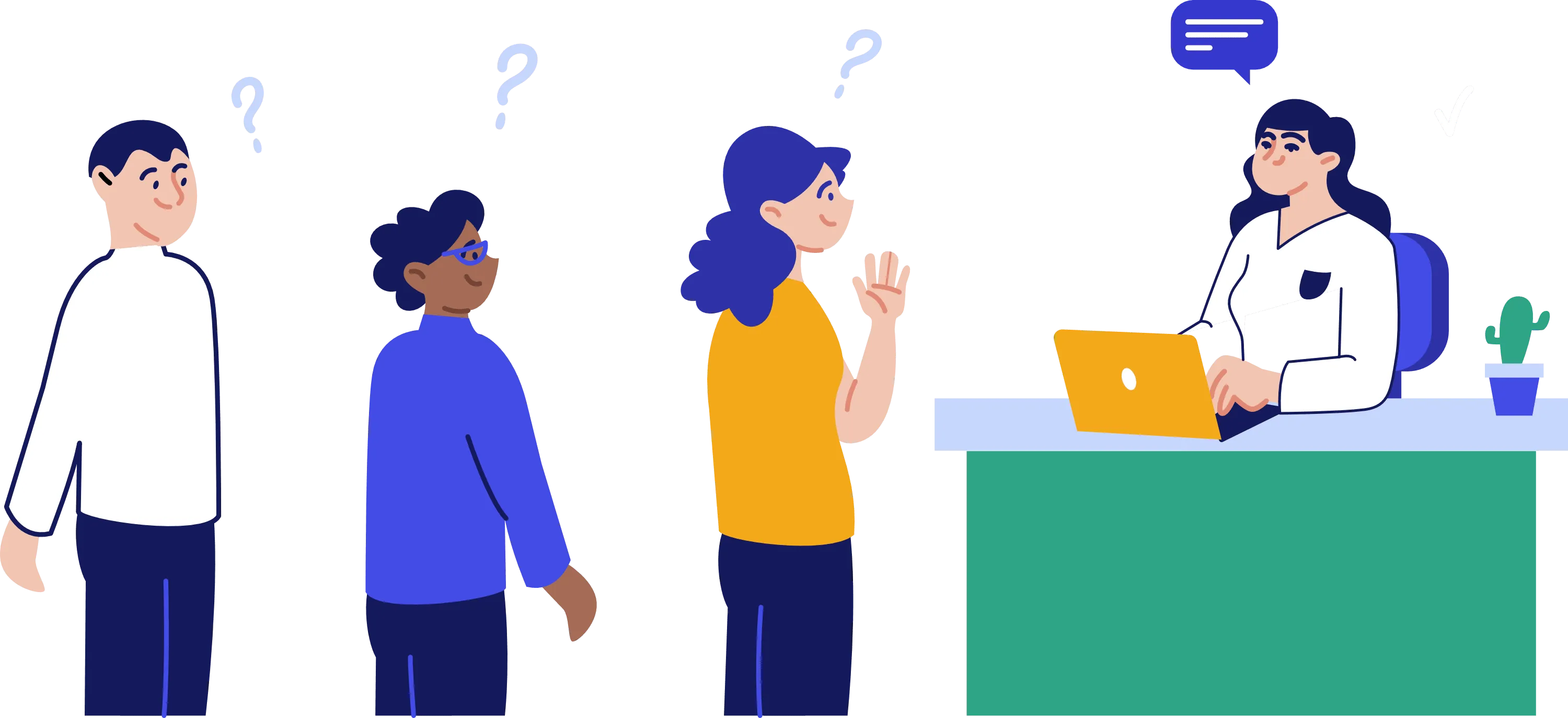 People standing around a desk with a laptop in a walk-in clinic, engaging happily and asking questions.